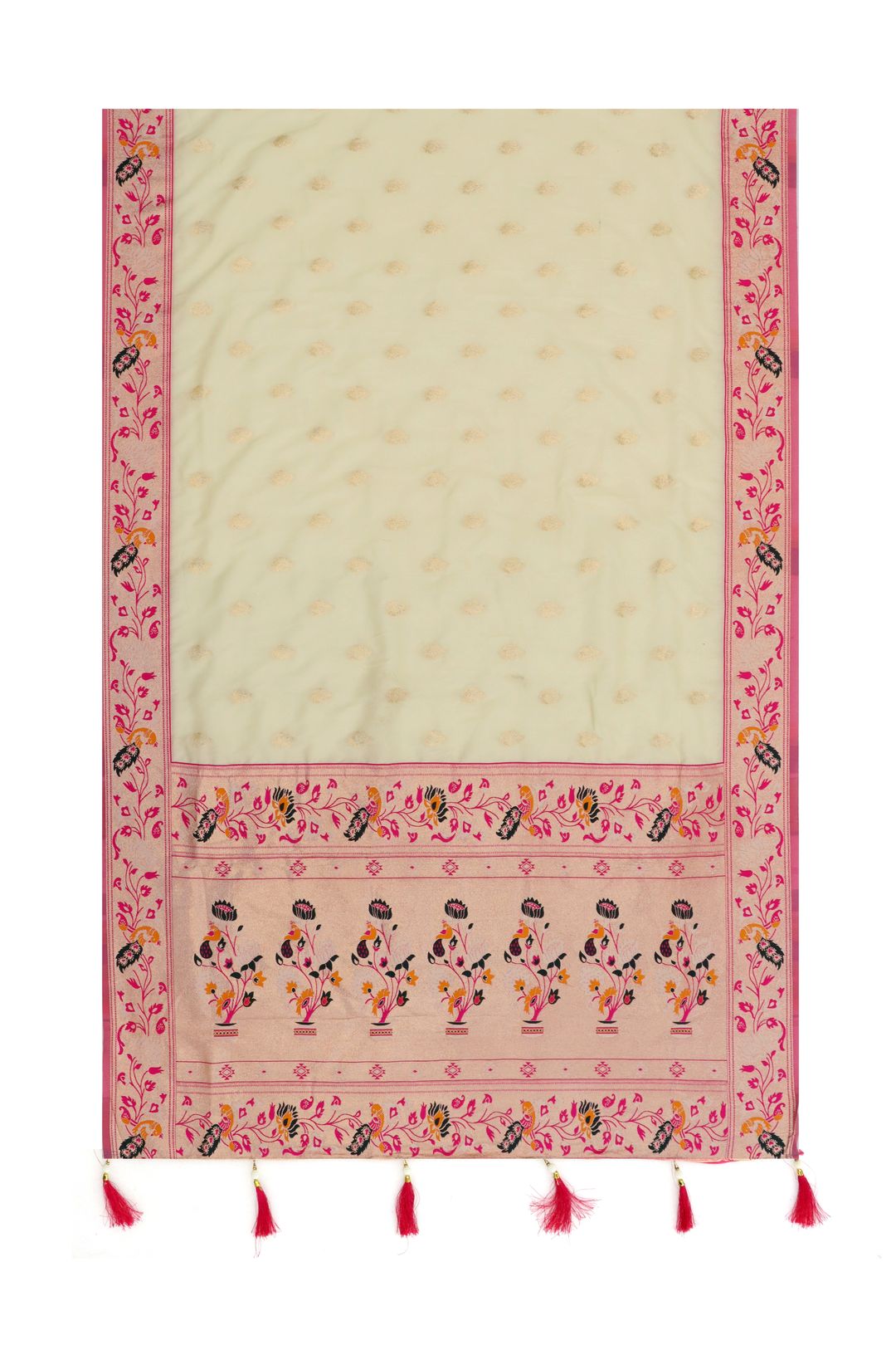 Cream Banarasi Paithani Silk Saree with Pink Jacquard Border