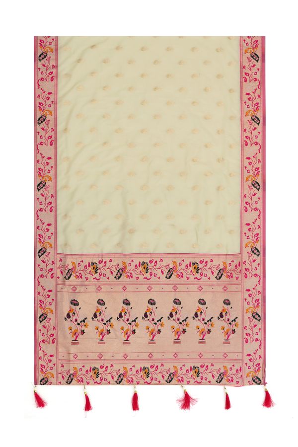 Cream Banarasi Paithani Silk Saree with Pink Jacquard Border