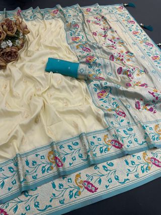 Cream Rama Blue Banarasi Paithani Silk Saree Online