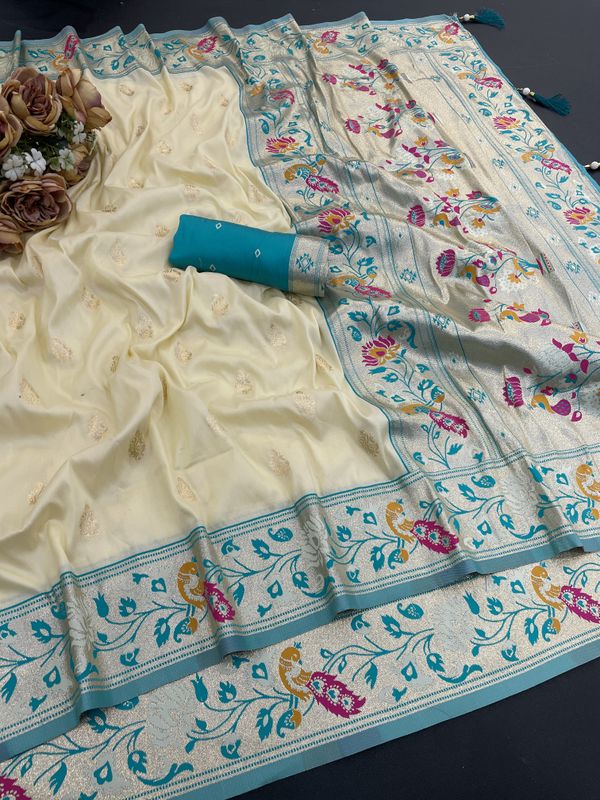 Cream Rama Blue Banarasi Paithani Silk Saree Online