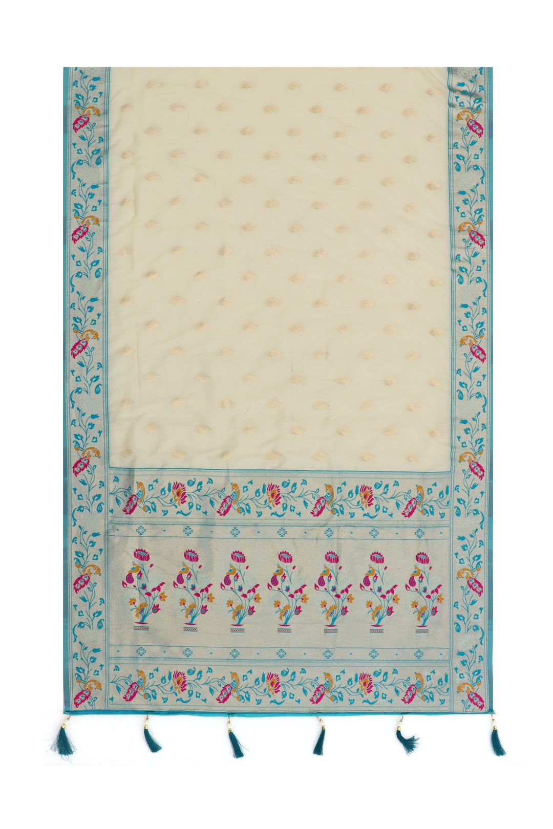 Cream Rama Blue Banarasi Paithani Silk Saree Online