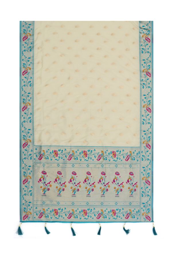 Cream Rama Blue Banarasi Paithani Silk Saree Online