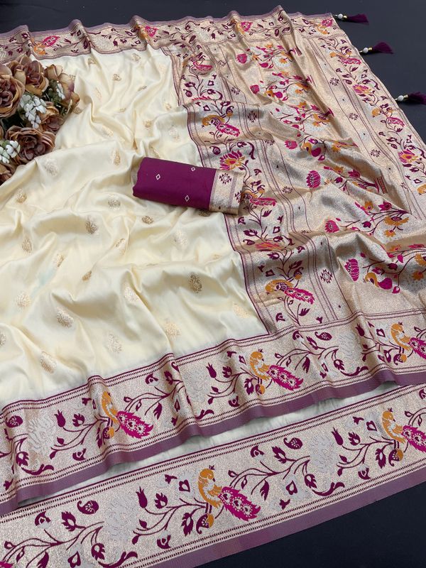 Cream Wine Purple Banarasi Paithani Silk Saree Online
