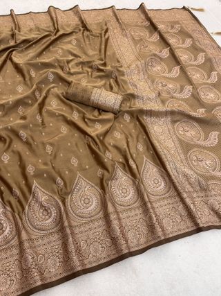 Brown Satin Silk Saree with Golden Paisley Border