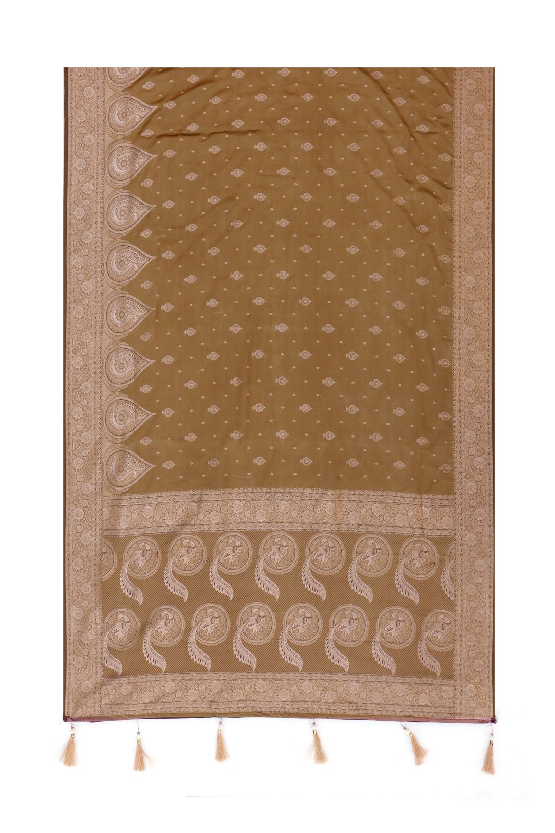 Brown Satin Silk Saree with Golden Paisley Border