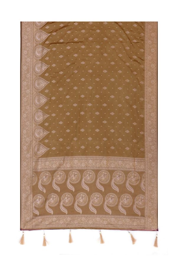 Brown Satin Silk Saree with Golden Paisley Border