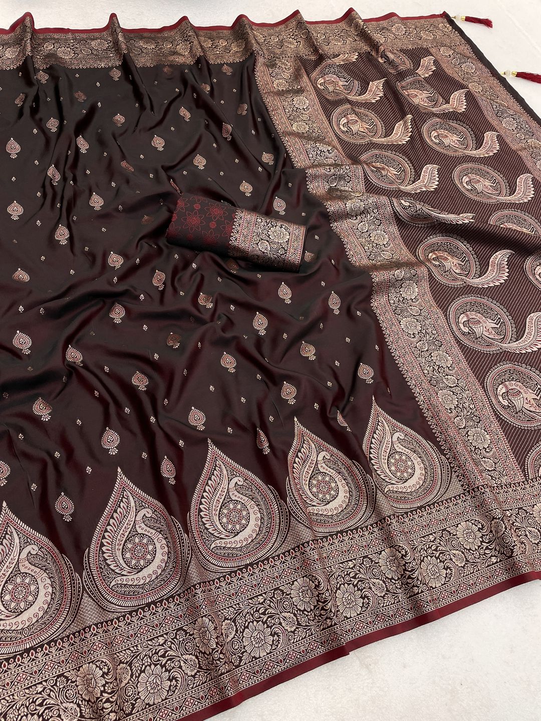 Black Maroon Satin Silk Saree with Golden Zari Border