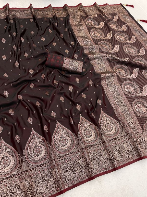Black Maroon Satin Silk Saree with Golden Zari Border