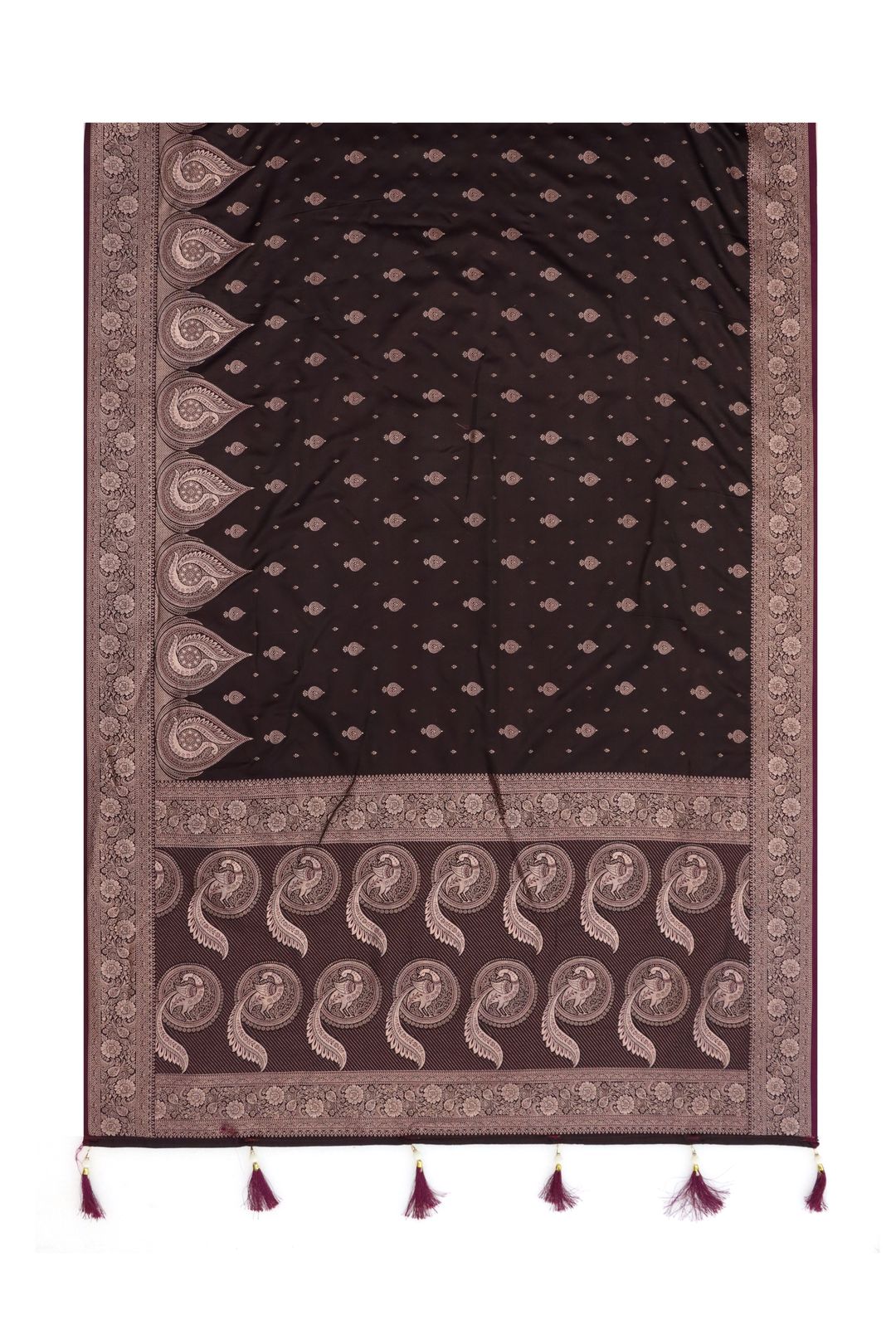 Black Maroon Satin Silk Saree with Golden Zari Border