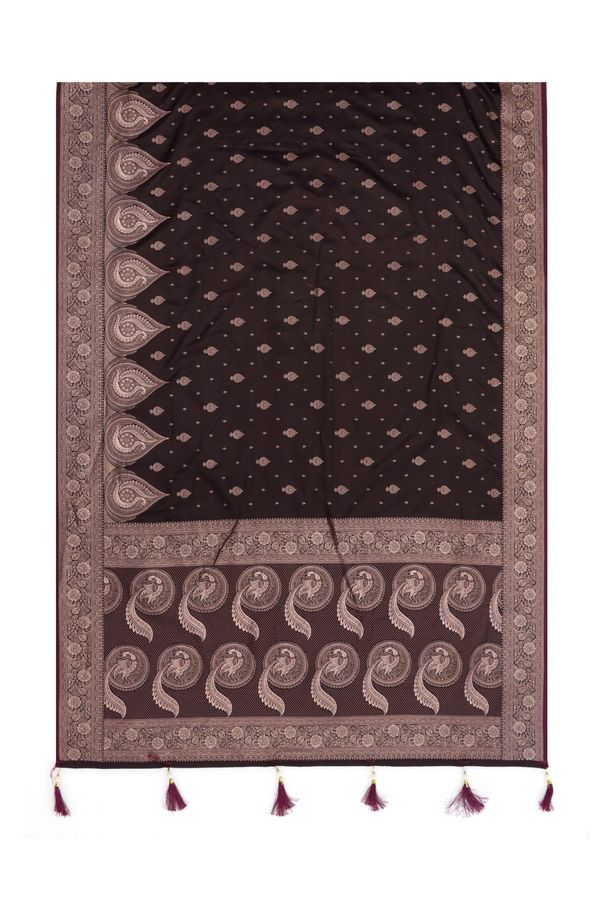 Black Maroon Satin Silk Saree with Golden Zari Border
