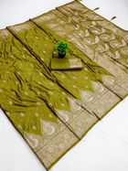 Mehndi Green Satin Silk Saree with Golden Zari | Varnavi - Mehendi Green