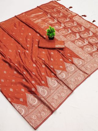 Rust Orange Satin Silk Saree with Golden Zari | Varnavi