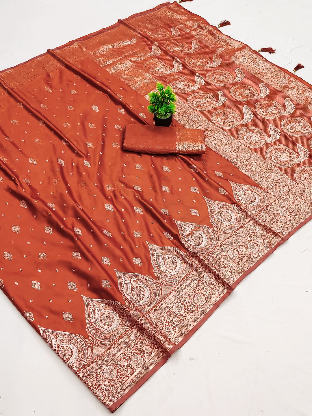 Rust Orange Satin Silk Saree with Golden Zari | Varnavi