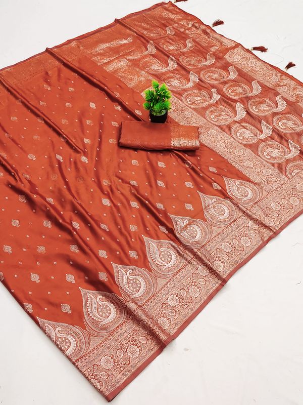 Rust Orange Satin Silk Saree with Golden Zari | Varnavi