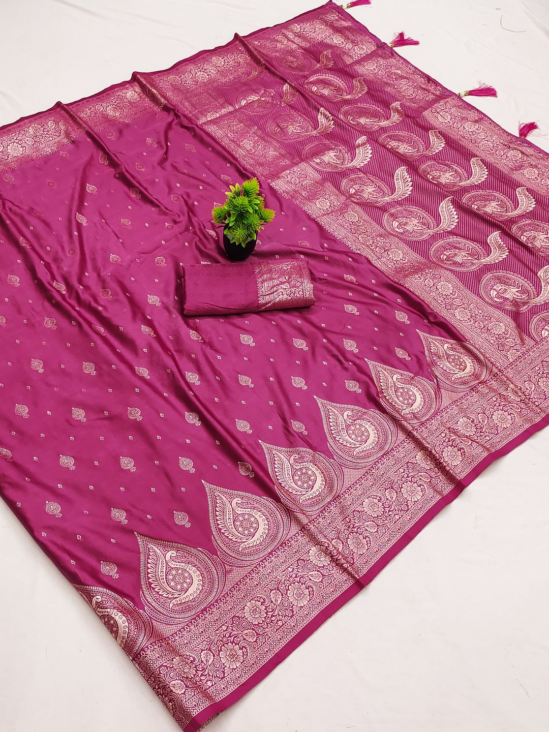 Rani Pink Satin Silk Saree with Golden Zari Paisley Border