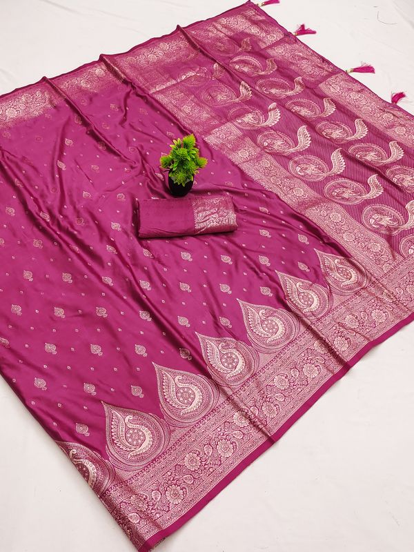 Rani Pink Satin Silk Saree with Golden Zari Paisley Border
