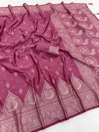 Rani Pink Satin Silk Saree with Golden Zari Paisley Border