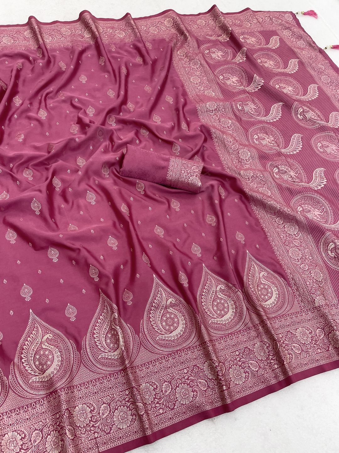 Rani Pink Satin Silk Saree with Golden Zari Paisley Border
