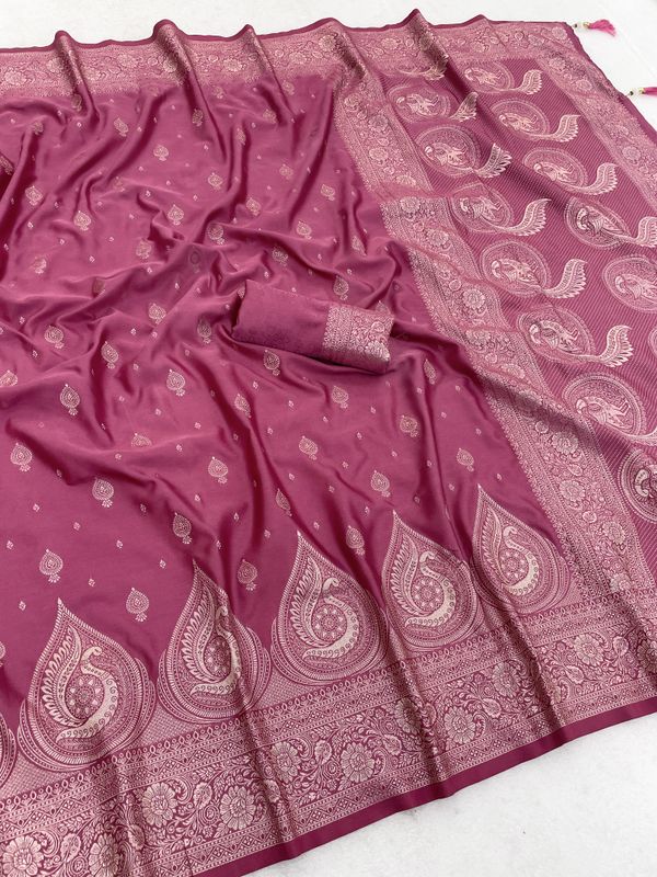 Rani Pink Satin Silk Saree with Golden Zari Paisley Border