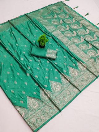 Teal Green Satin Silk Saree with Golden Paisley Jacquard Border