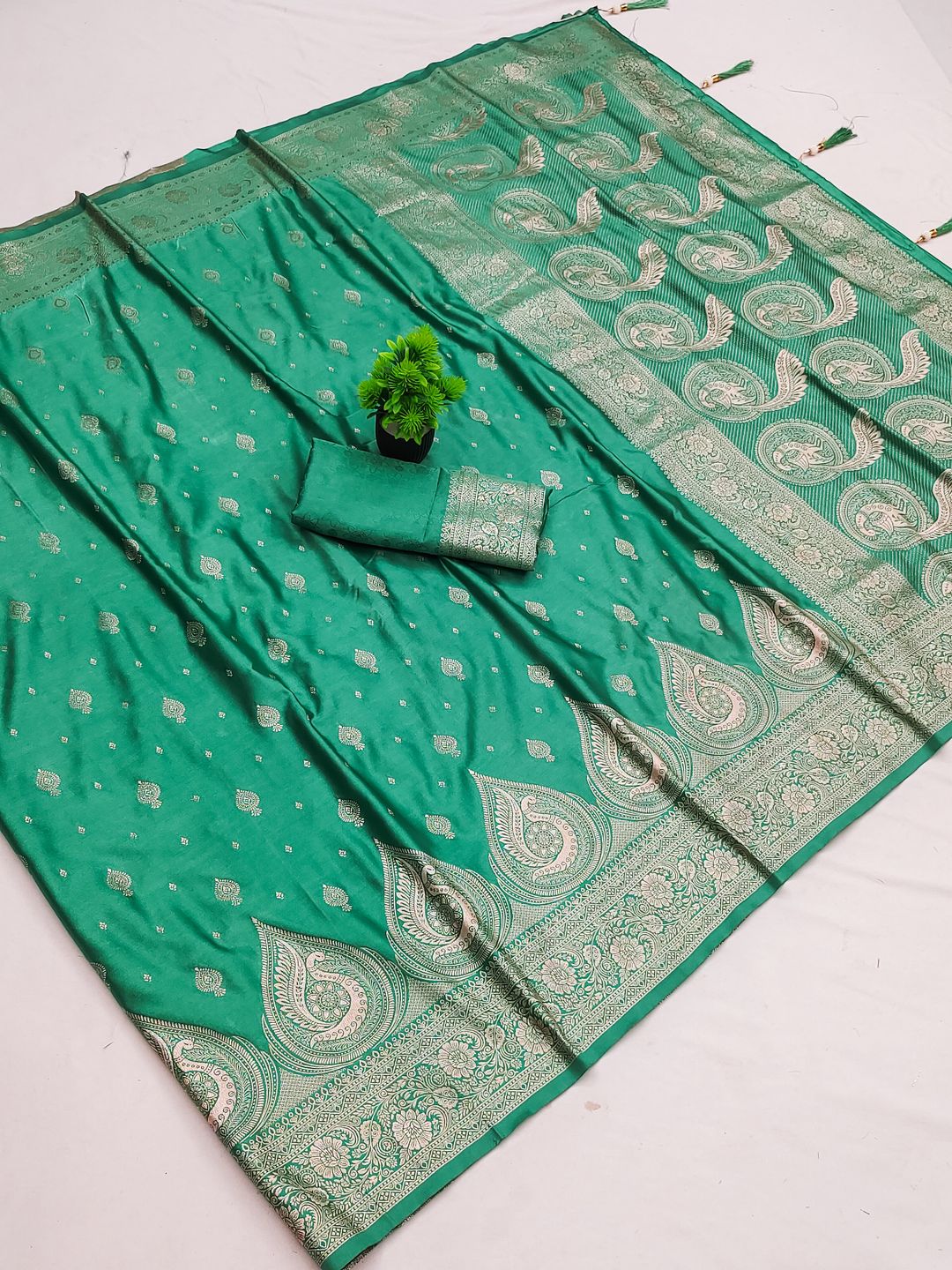 Teal Green Satin Silk Saree with Golden Paisley Jacquard Border