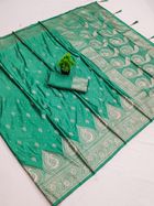 Teal Green Satin Silk Saree with Golden Paisley Jacquard Border - Teal