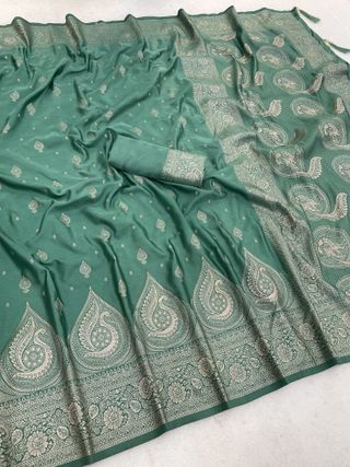 Sage Teal Green Satin Silk Saree with Golden Paisley Jacquard Border