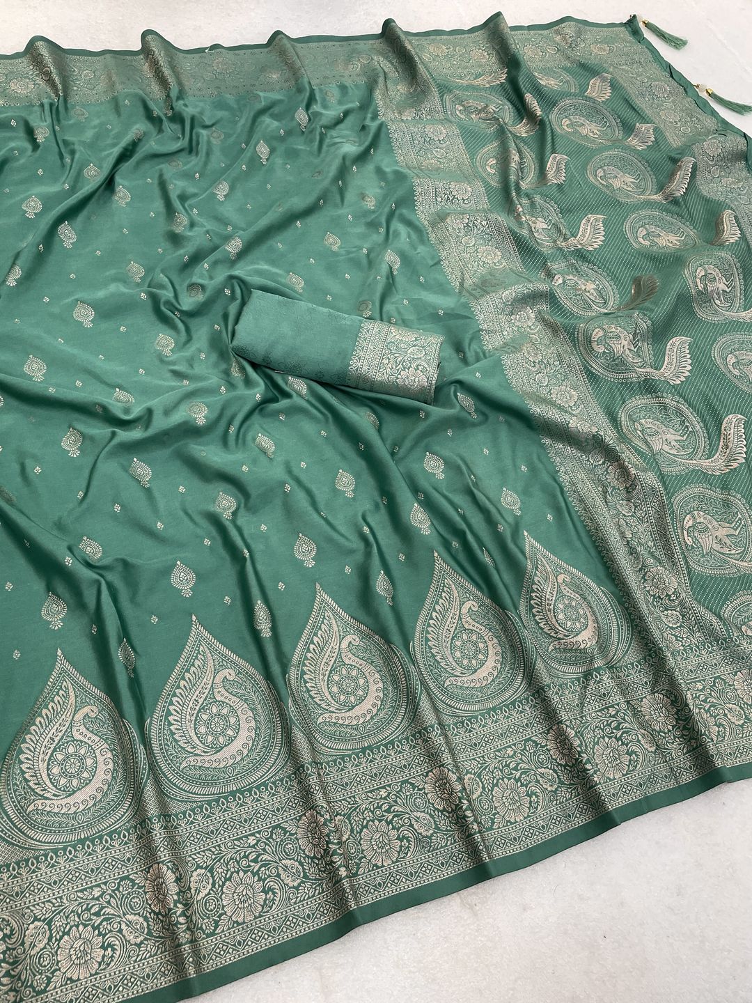 Sage Teal Green Satin Silk Saree with Golden Paisley Jacquard Border