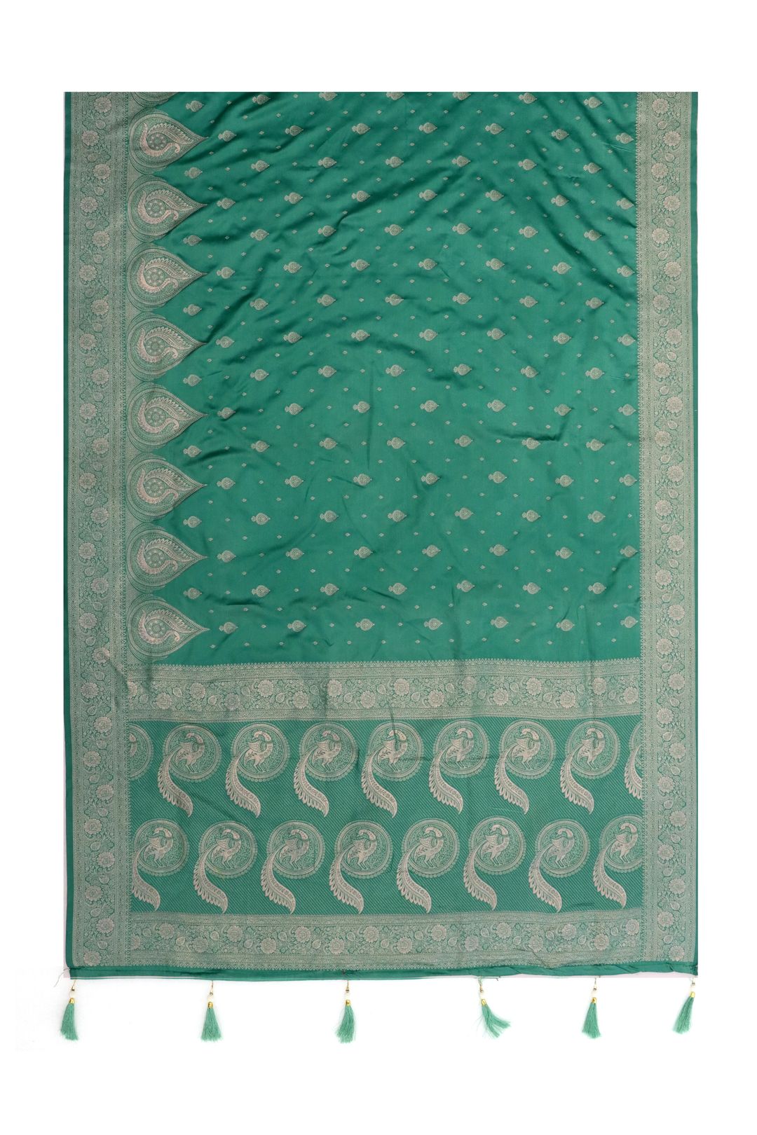 Sage Teal Green Satin Silk Saree with Golden Paisley Jacquard Border