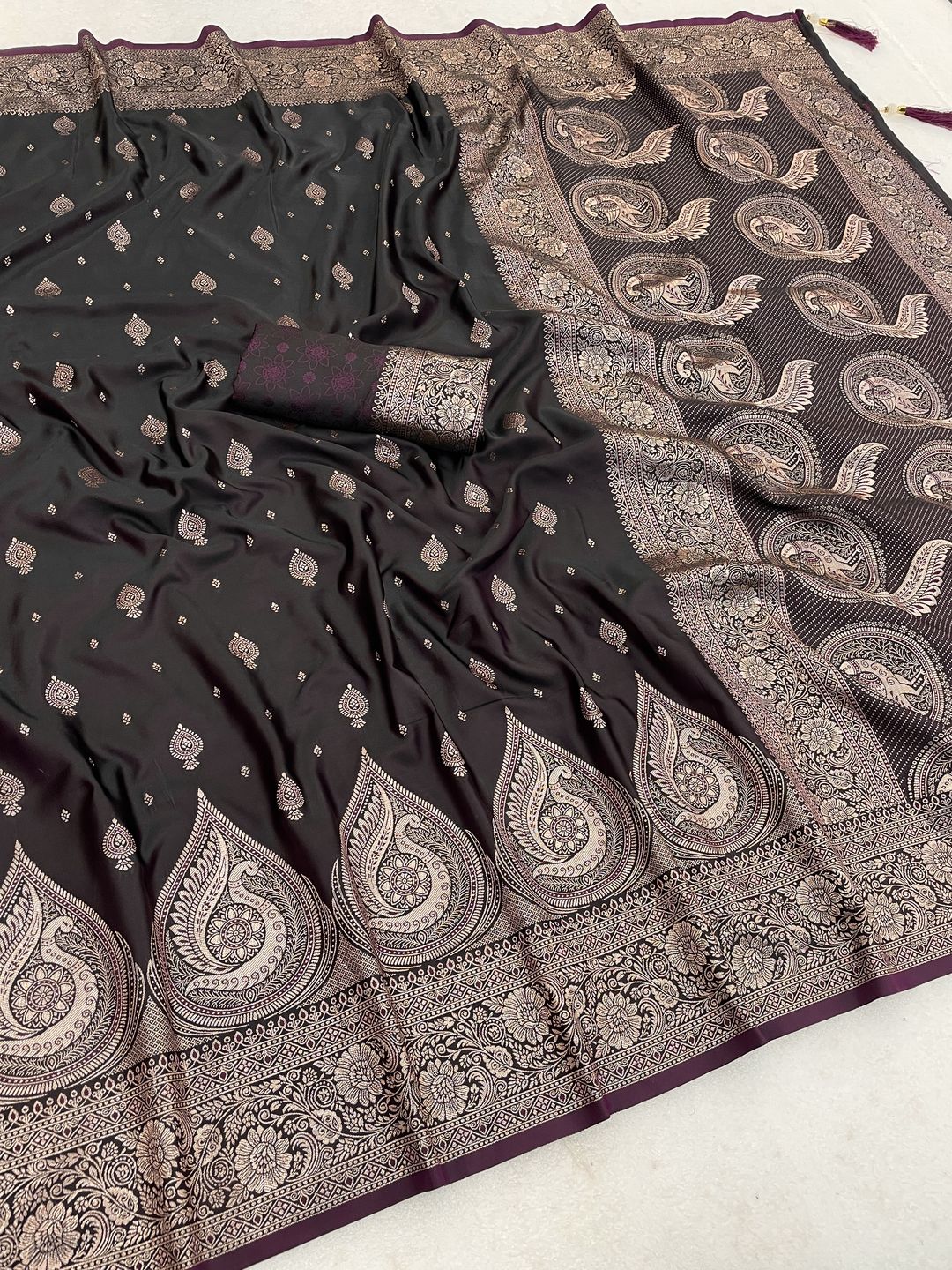 Dark Wine Satin Silk Saree with Golden Paisley Zari Border