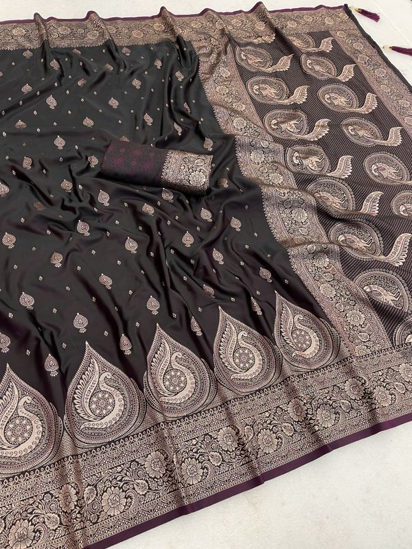 Dark Wine Satin Silk Saree with Golden Paisley Zari Border