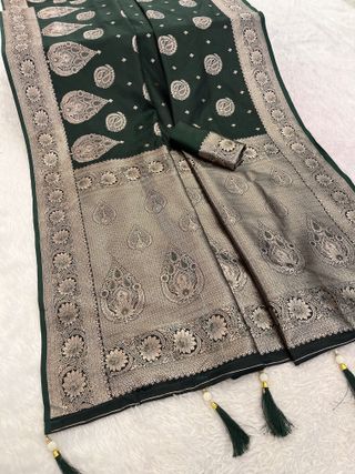 Dark Bottle Green Satin Silk Saree with Antique Gold Jacquard Border