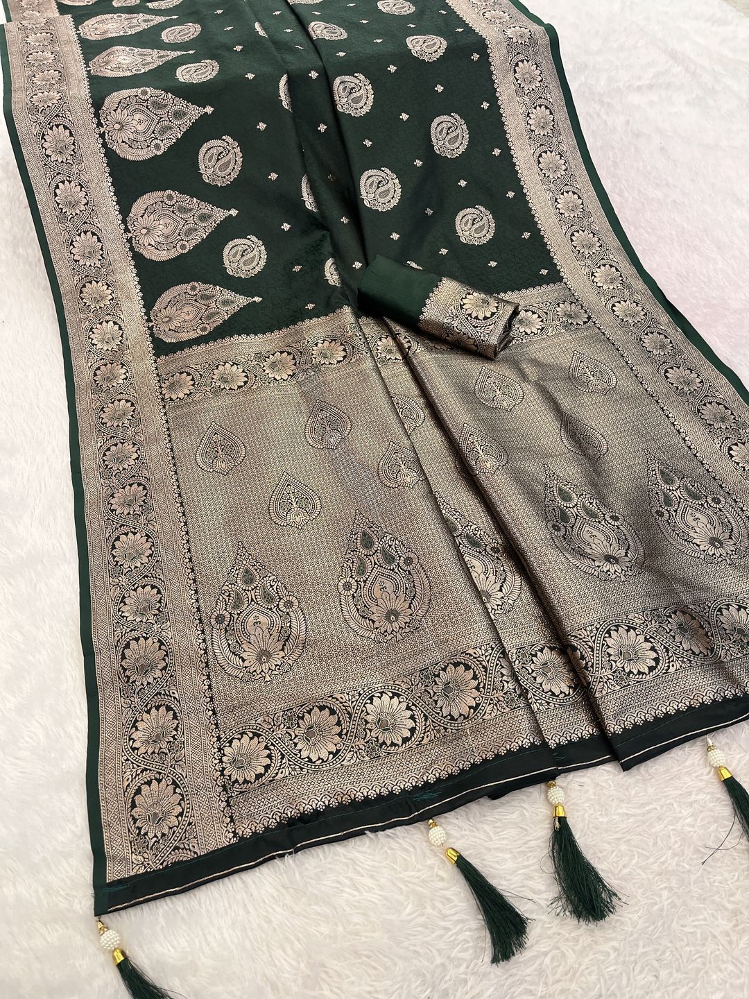 Dark Bottle Green Satin Silk Saree with Antique Gold Jacquard Border