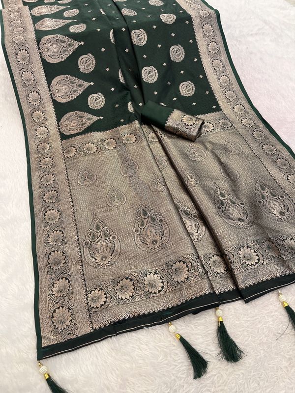 Dark Bottle Green Satin Silk Saree with Antique Gold Jacquard Border
