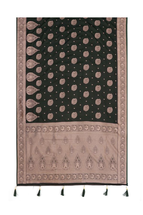 Dark Bottle Green Satin Silk Saree with Antique Gold Jacquard Border