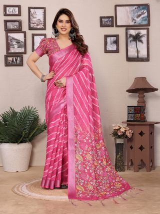 Pink Cotton Linen Digital Print Saree with Blouse Piece