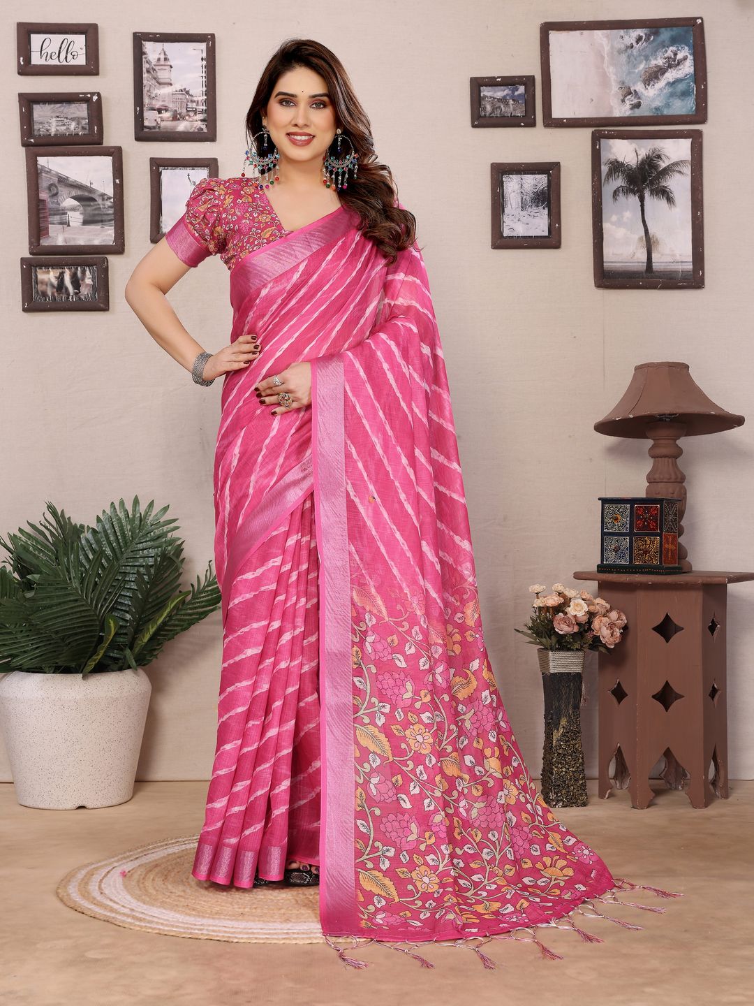 Pink Cotton Linen Digital Print Saree with Blouse Piece