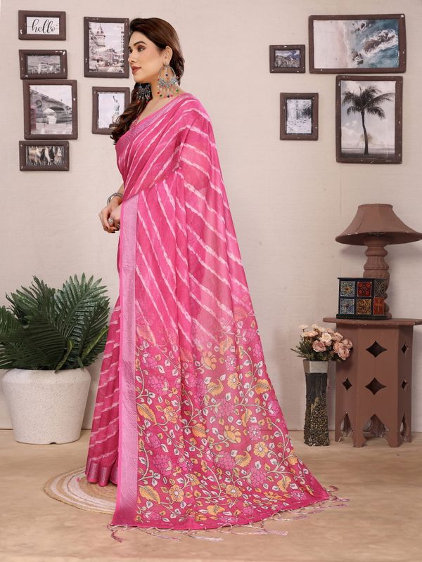 Pink Cotton Linen Digital Print Saree with Blouse Piece