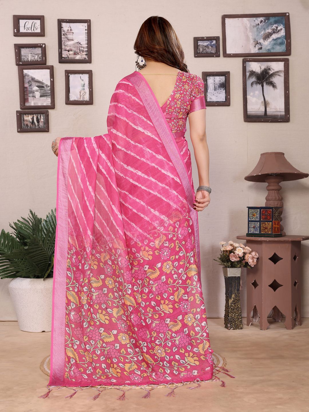 Pink Cotton Linen Digital Print Saree with Blouse Piece
