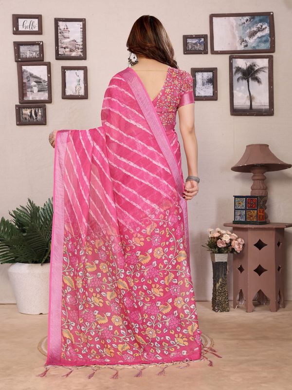 Pink Cotton Linen Digital Print Saree with Blouse Piece