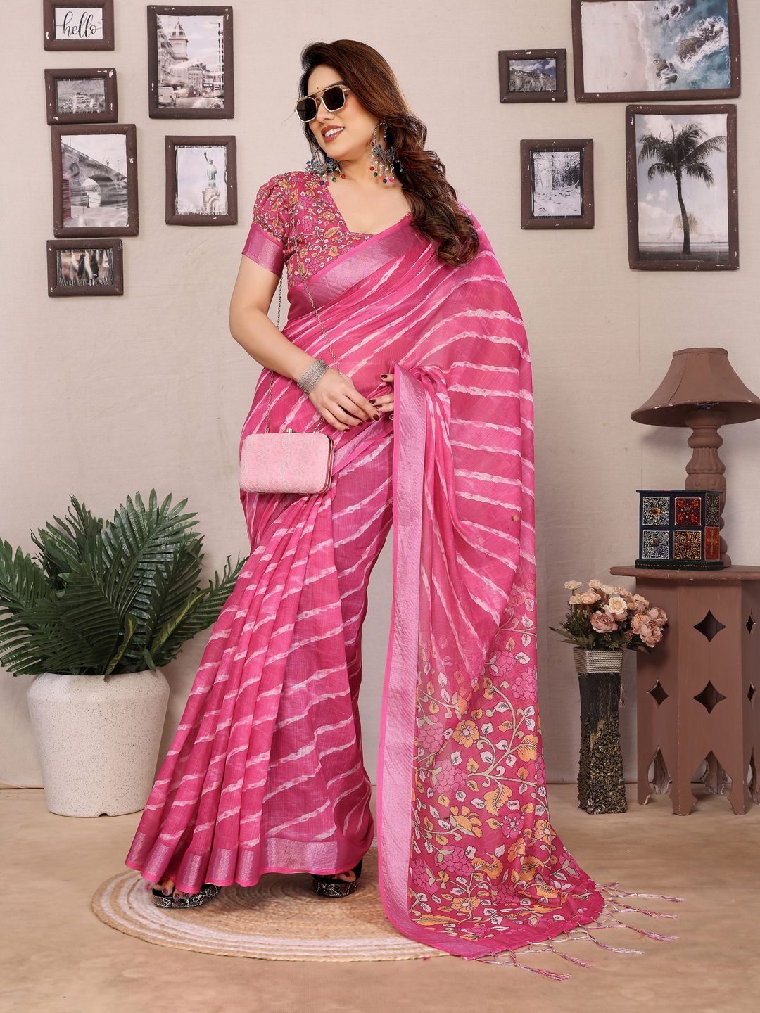Pink Cotton Linen Digital Print Saree with Blouse Piece