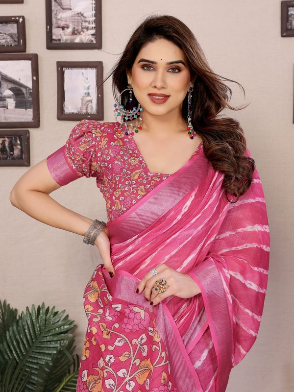 Pink Cotton Linen Digital Print Saree with Blouse Piece