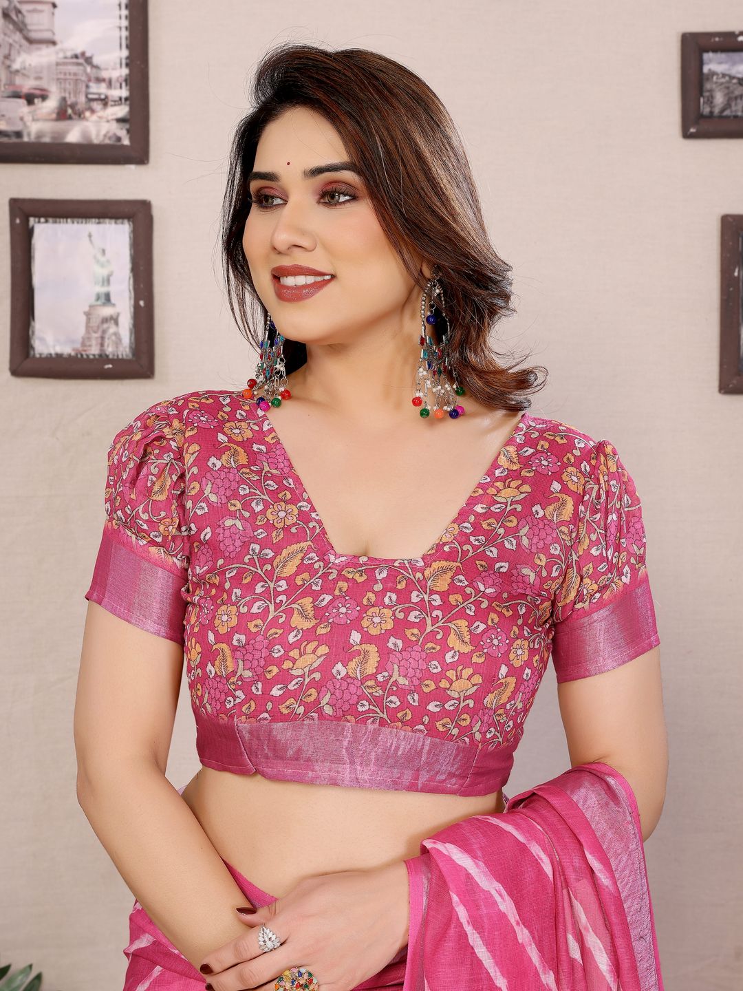 Pink Cotton Linen Digital Print Saree with Blouse Piece
