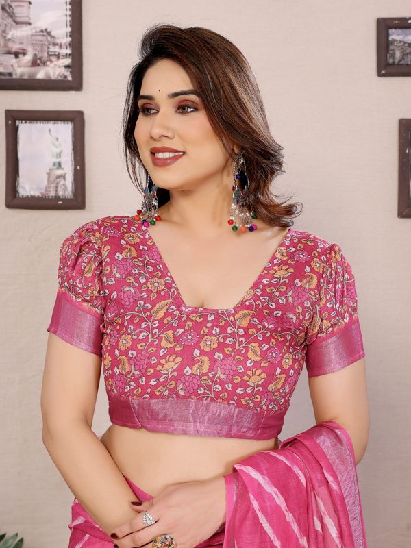 Pink Cotton Linen Digital Print Saree with Blouse Piece