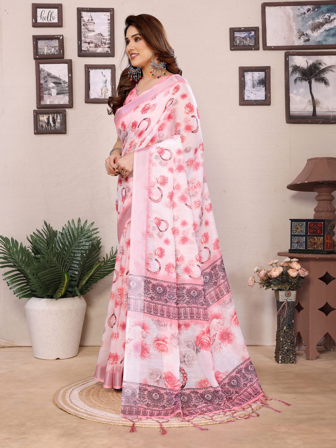 Light Pink Floral Cotton Linen Saree with Printed Border