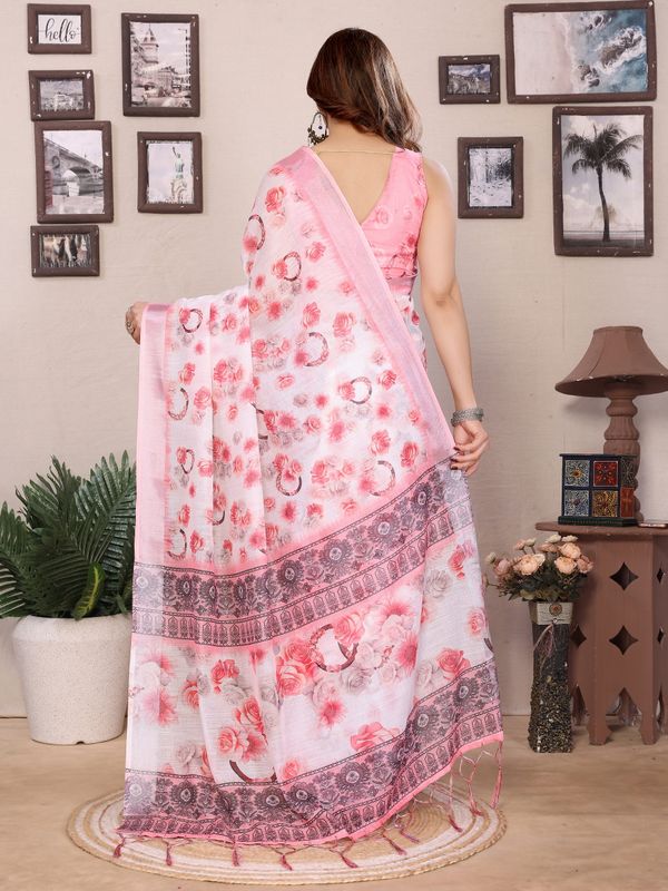 Light Pink Floral Cotton Linen Saree with Printed Border