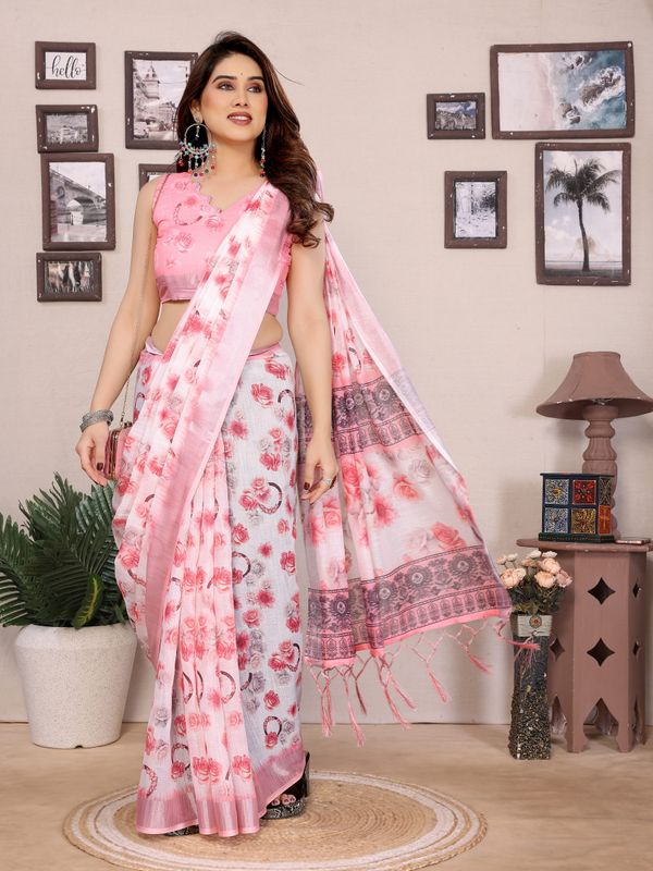 Light Pink Floral Cotton Linen Saree with Printed Border