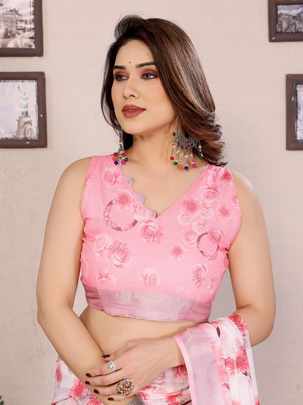 Light Pink Floral Cotton Linen Saree with Printed Border