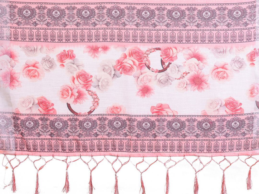 Light Pink Floral Cotton Linen Saree with Printed Border