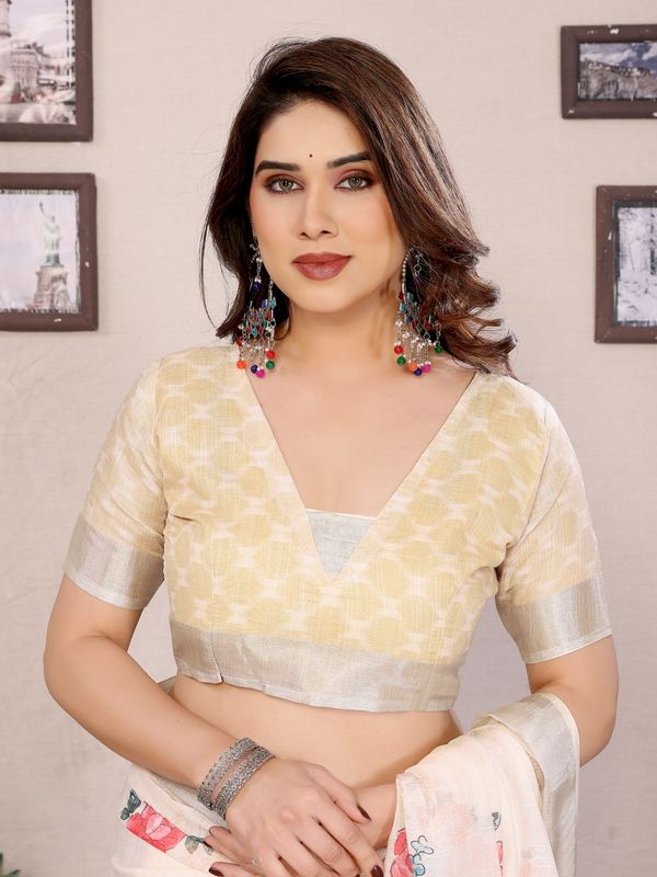 Cream Floral Cotton Linen Saree with Multicolour Digital Print